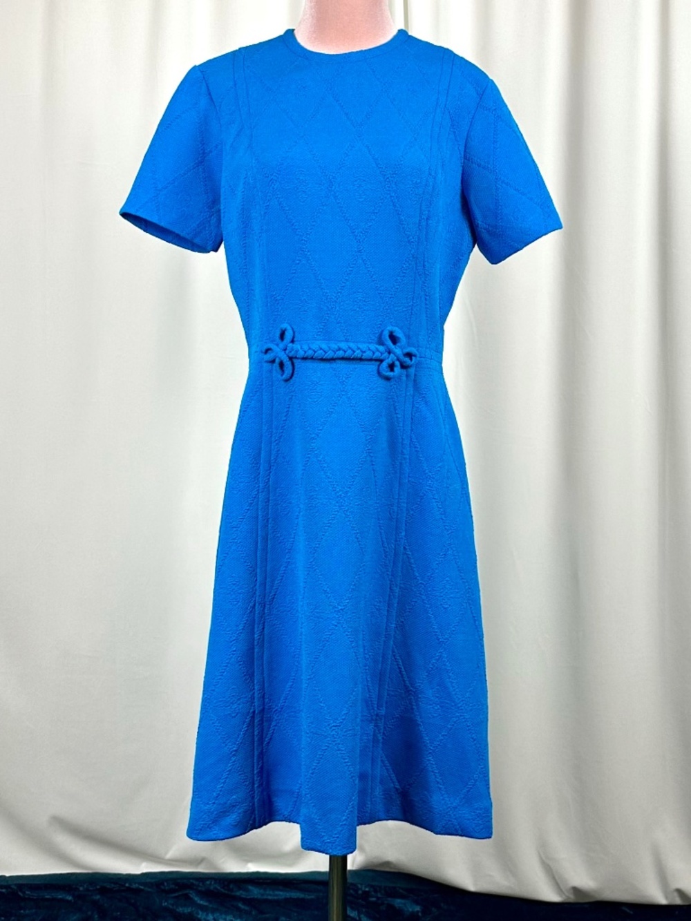 Vintage 60s Leo Danal Blue Mod Dress Crimplene Textured A-Line Belted M/L